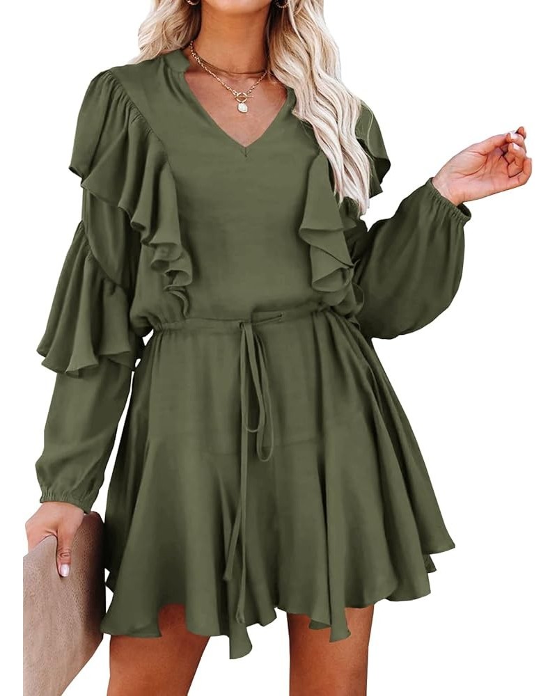 Women's Elegant Long Sleeve Dresses V Neck High Waist Ruffle Loose Flowy Party Mini Dress with Belt 02 Army Green $17.60 Dresses