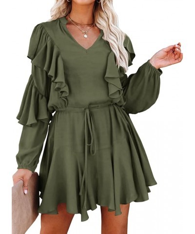 Women's Elegant Long Sleeve Dresses V Neck High Waist Ruffle Loose Flowy Party Mini Dress with Belt 02 Army Green $17.60 Dresses