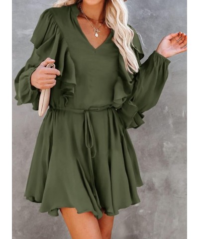 Women's Elegant Long Sleeve Dresses V Neck High Waist Ruffle Loose Flowy Party Mini Dress with Belt 02 Army Green $17.60 Dresses