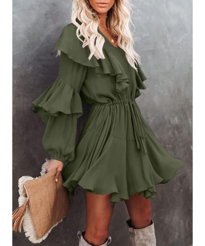 Women's Elegant Long Sleeve Dresses V Neck High Waist Ruffle Loose Flowy Party Mini Dress with Belt 02 Army Green $17.60 Dresses