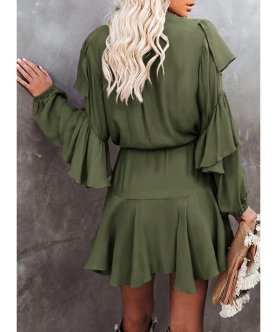 Women's Elegant Long Sleeve Dresses V Neck High Waist Ruffle Loose Flowy Party Mini Dress with Belt 02 Army Green $17.60 Dresses