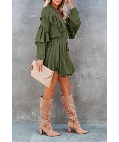 Women's Elegant Long Sleeve Dresses V Neck High Waist Ruffle Loose Flowy Party Mini Dress with Belt 02 Army Green $17.60 Dresses