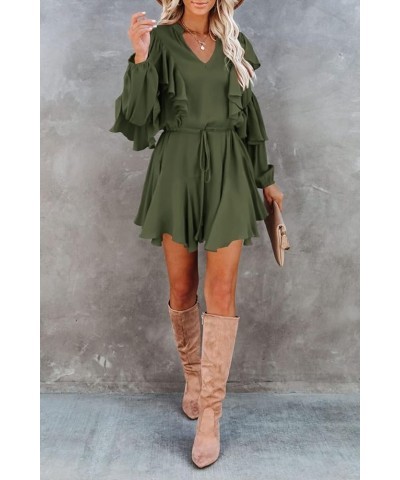 Women's Elegant Long Sleeve Dresses V Neck High Waist Ruffle Loose Flowy Party Mini Dress with Belt 02 Army Green $17.60 Dresses