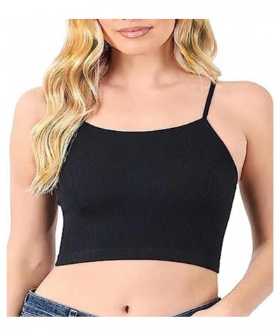 Women's Summer Sleeveless Spaghetti Strap Casual Rib Knit Basic Crop Tops Form Scoop Neck Shirts Black1 $8.55 Tanks