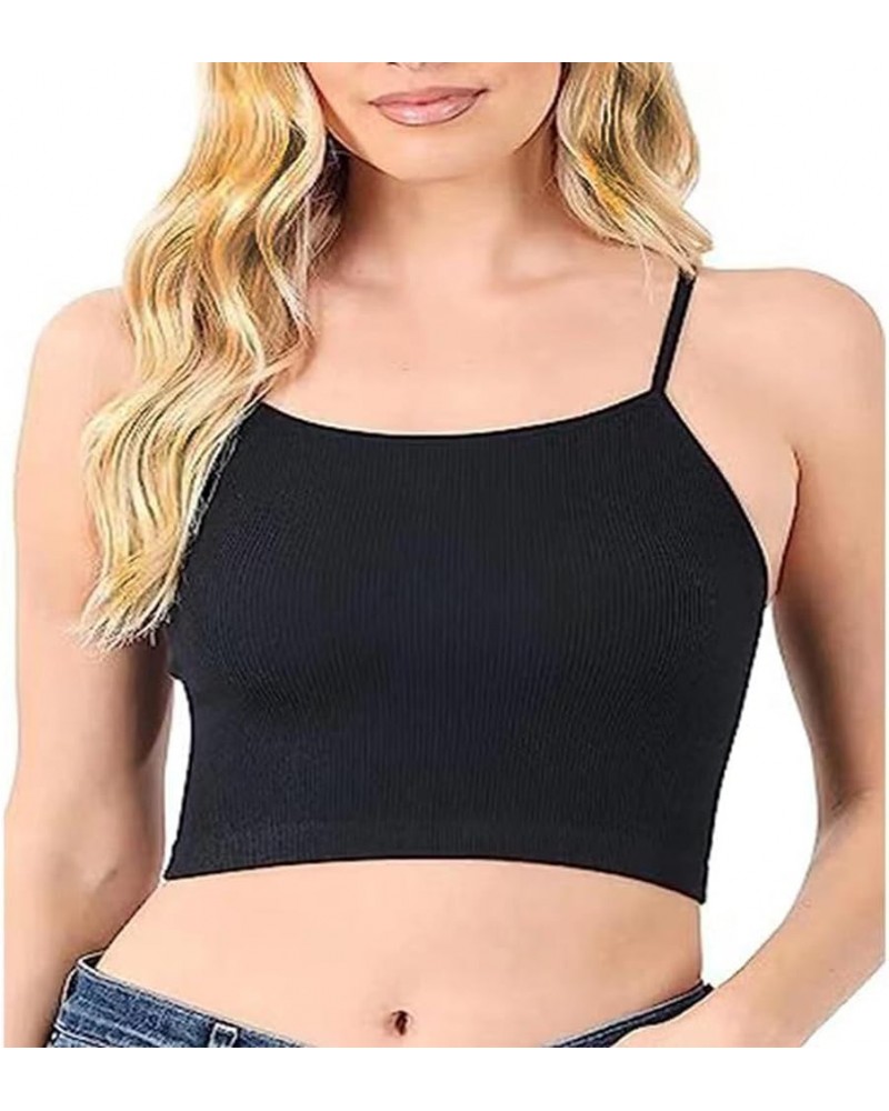 Women's Summer Sleeveless Spaghetti Strap Casual Rib Knit Basic Crop Tops Form Scoop Neck Shirts Black1 $8.55 Tanks