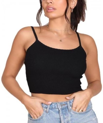 Women's Summer Sleeveless Spaghetti Strap Casual Rib Knit Basic Crop Tops Form Scoop Neck Shirts Black1 $8.55 Tanks