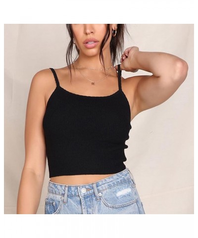 Women's Summer Sleeveless Spaghetti Strap Casual Rib Knit Basic Crop Tops Form Scoop Neck Shirts Black1 $8.55 Tanks