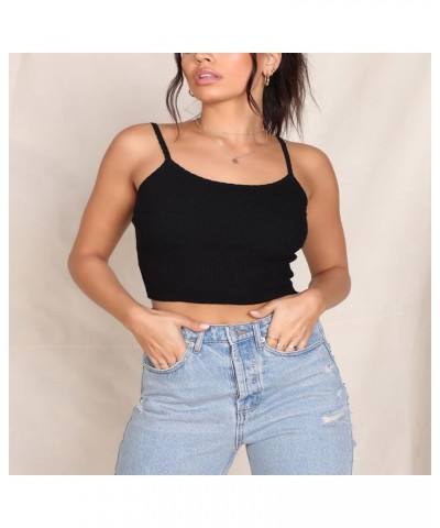 Women's Summer Sleeveless Spaghetti Strap Casual Rib Knit Basic Crop Tops Form Scoop Neck Shirts Black1 $8.55 Tanks