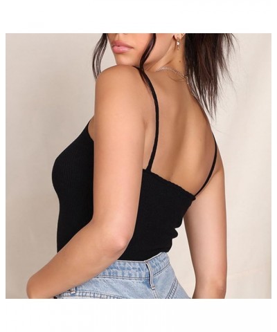 Women's Summer Sleeveless Spaghetti Strap Casual Rib Knit Basic Crop Tops Form Scoop Neck Shirts Black1 $8.55 Tanks