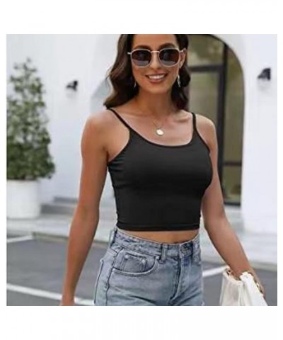 Women's Summer Sleeveless Spaghetti Strap Casual Rib Knit Basic Crop Tops Form Scoop Neck Shirts Black1 $8.55 Tanks