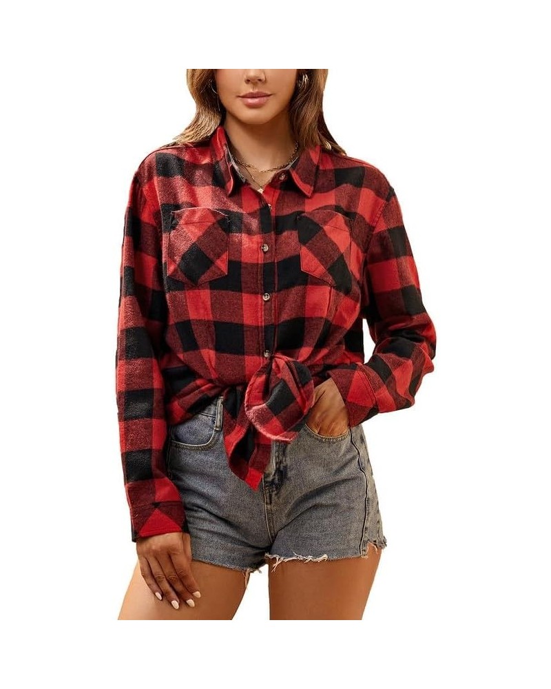 Premium Flannel Shirt Women Long Sleeve Fall Blouse Ladies Casual Top Cute Clothes Red T91 Flannel $15.94 Blouses