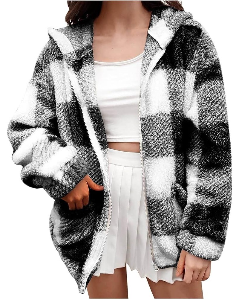 Womens Fuzzy Fleece Jacket Plaid Fuzzy Sherpa Thermal Coat Casual Fall Winter Warm Outwear Clothes E Black $6.04 Jackets