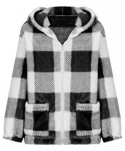 Womens Fuzzy Fleece Jacket Plaid Fuzzy Sherpa Thermal Coat Casual Fall Winter Warm Outwear Clothes E Black $6.04 Jackets