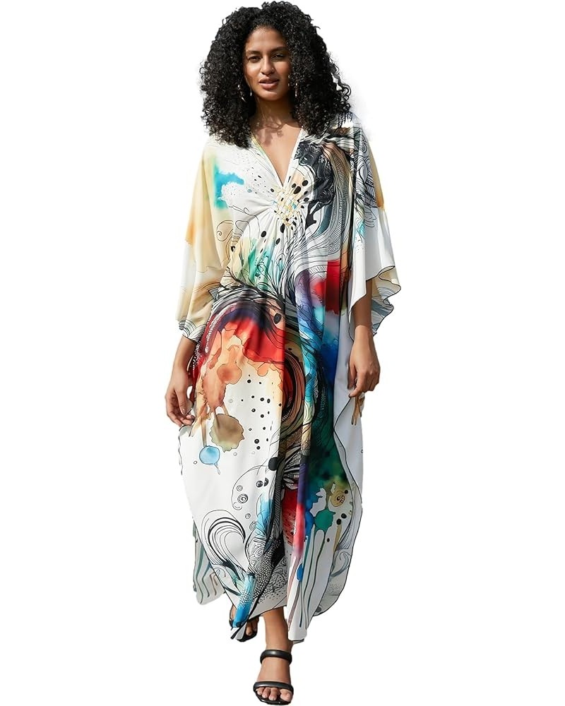 Wave Neck Swimsuit Cover Up Caftan Dress - Plus Size, Oversized, Long Beach Dress 8774-13 Abstract Style Pattern $23.36 Swims...