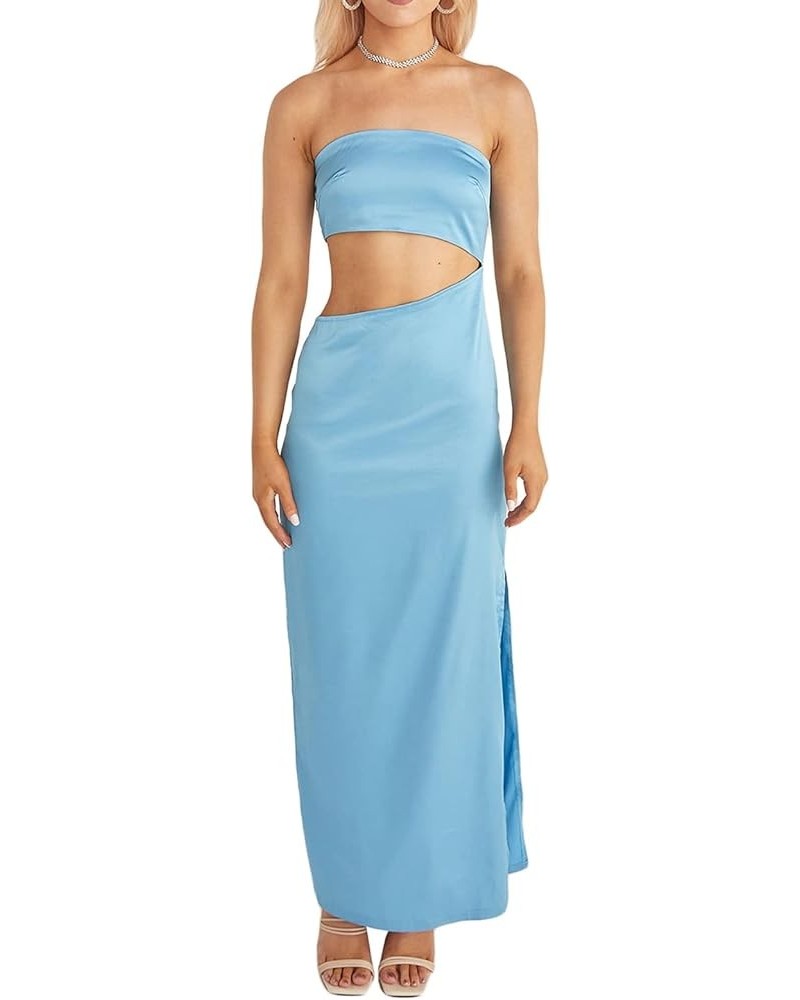 Women Elegant Satin Long Dress Halter Maxi Cocktail Dress Backless Spaghetti Strap Split Formal Dresses Party Strapless Blue ...