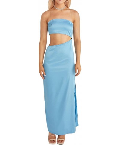 Women Elegant Satin Long Dress Halter Maxi Cocktail Dress Backless Spaghetti Strap Split Formal Dresses Party Strapless Blue ...