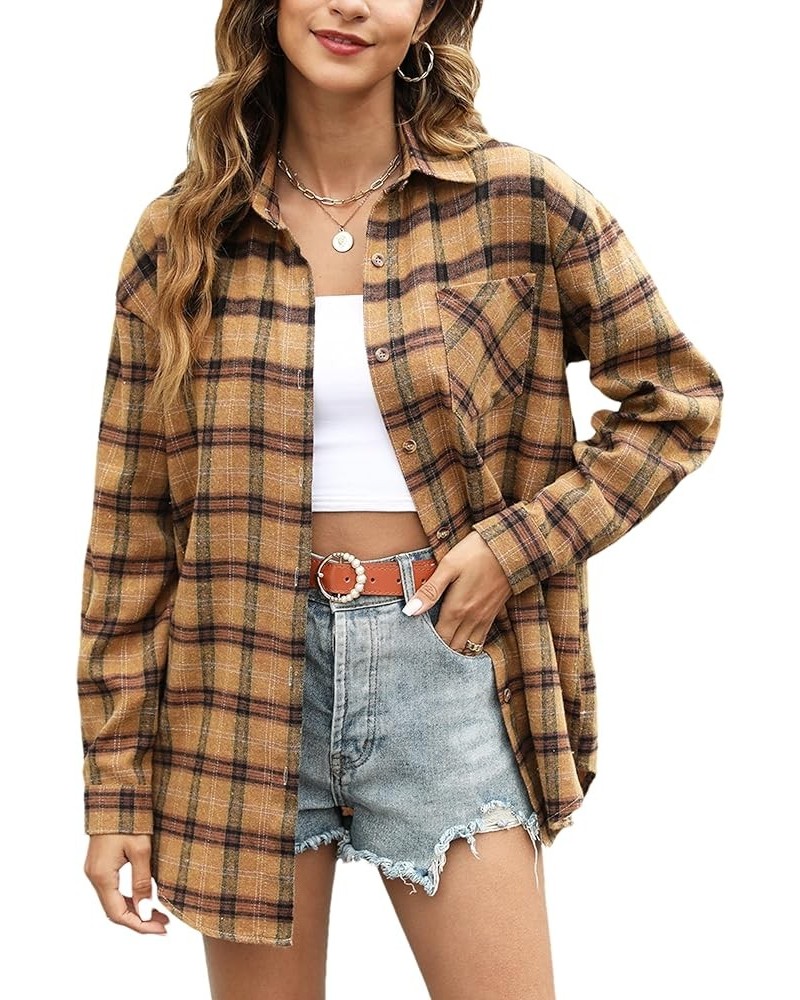 Flannel Plaid Shirts for Women Oversized Long Sleeve Button Down Shirts Blouse Tops Pumpkin $10.40 Blouses