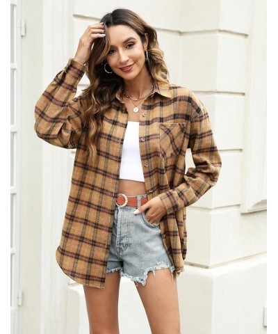 Flannel Plaid Shirts for Women Oversized Long Sleeve Button Down Shirts Blouse Tops Pumpkin $10.40 Blouses