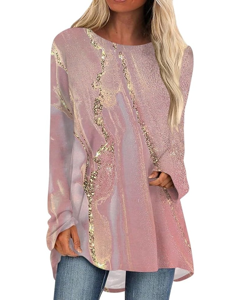 Tunic Tops for Women Loose Fit Dressy Casual Plus Size Long Sleeved Round Neck Gradient Printing T-Shirt Top Pullover 03-pink...