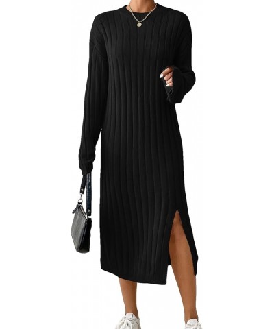 Women's Split Hem Sweater Dress Long Sleeve Drop Shoulder Casual Midi Dresses Pure Black $21.82 Sweaters