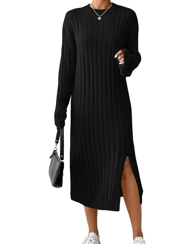 Women's Split Hem Sweater Dress Long Sleeve Drop Shoulder Casual Midi Dresses Pure Black $21.82 Sweaters