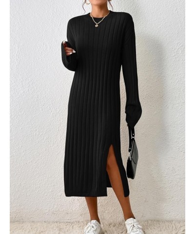 Women's Split Hem Sweater Dress Long Sleeve Drop Shoulder Casual Midi Dresses Pure Black $21.82 Sweaters