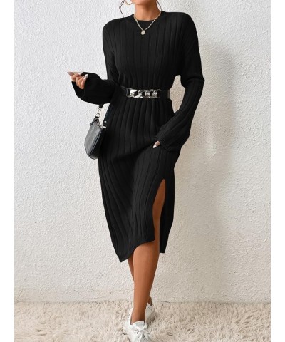 Women's Split Hem Sweater Dress Long Sleeve Drop Shoulder Casual Midi Dresses Pure Black $21.82 Sweaters