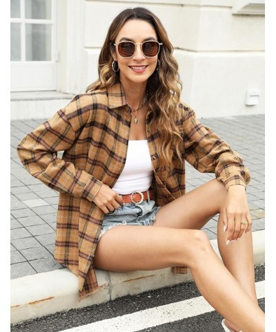 Flannel Plaid Shirts for Women Oversized Long Sleeve Button Down Shirts Blouse Tops Pumpkin $10.40 Blouses