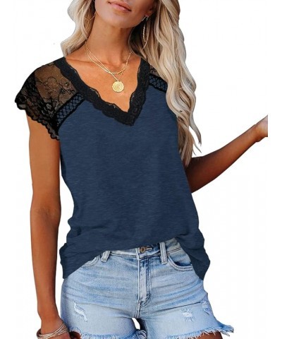 Women's Lace Basic V-Neck T-Shirts Short Sleeve Loose Fitting Tunic Tank Tops A4_navy Blue $10.50 T-Shirts