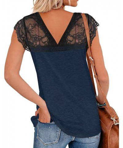 Women's Lace Basic V-Neck T-Shirts Short Sleeve Loose Fitting Tunic Tank Tops A4_navy Blue $10.50 T-Shirts