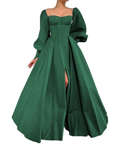 Long Puffy Sleeve Prom Dresses Princess Ball Gown for Women Satin Formal Party Wedding Evening Dress Dark Green $37.74 Dresses