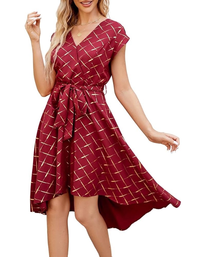 Women's Floral High Low Dress for Wedding Guest Flowy Bohemian Empire Waist Swing Dress with Belt Bronzing Plaid & Wine Red $...