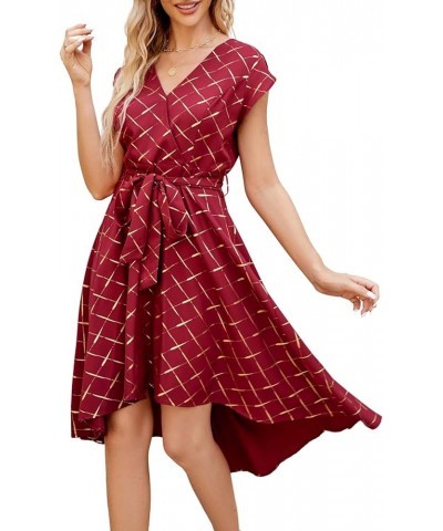 Women's Floral High Low Dress for Wedding Guest Flowy Bohemian Empire Waist Swing Dress with Belt Bronzing Plaid & Wine Red $...