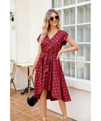 Women's Floral High Low Dress for Wedding Guest Flowy Bohemian Empire Waist Swing Dress with Belt Bronzing Plaid & Wine Red $...