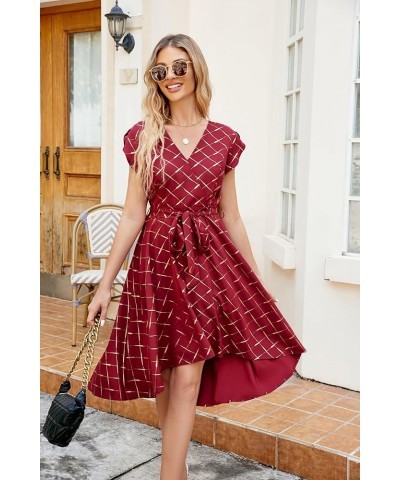 Women's Floral High Low Dress for Wedding Guest Flowy Bohemian Empire Waist Swing Dress with Belt Bronzing Plaid & Wine Red $...