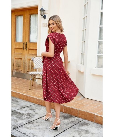 Women's Floral High Low Dress for Wedding Guest Flowy Bohemian Empire Waist Swing Dress with Belt Bronzing Plaid & Wine Red $...