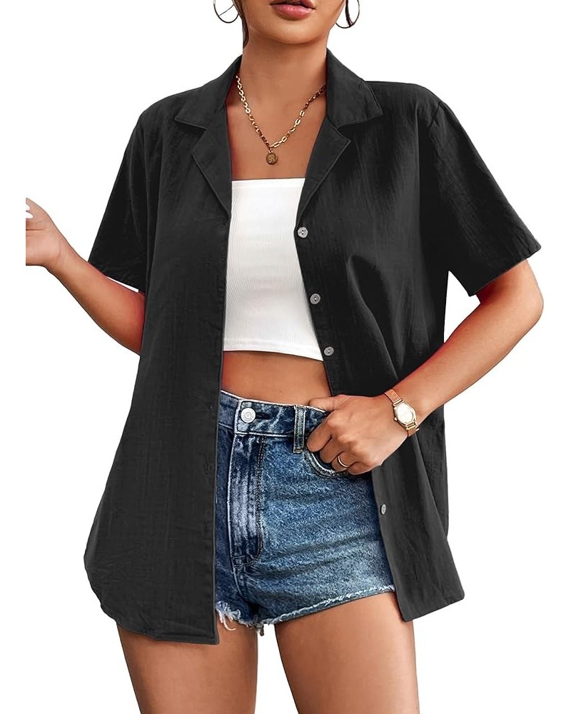 Women Cotton Shirt Button Down Short Sleeve Linen V Neck Blouse Casual Work Tunic Black $16.22 Blouses