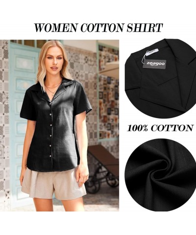 Women Cotton Shirt Button Down Short Sleeve Linen V Neck Blouse Casual Work Tunic Black $16.22 Blouses