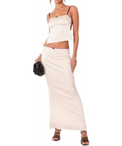 Women Y2K Ruffle 2 Piece Skirt Set Sleeveless Tube Crop Top Y2k Sexy Mesh See Through Cutout Maxi Skirt Clubwear Y3- Beige $9...