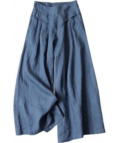 Linen Pants for Women Culottes Capris Wide Leg Palazzo Boho Pants Trousers Dark Blue $13.86 Pants