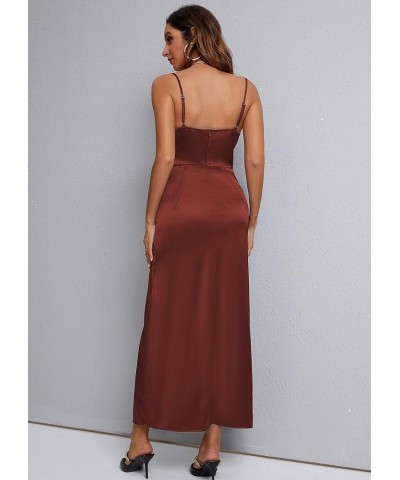 Women's Sexy Spaghetti Straps Backless Maxi Dress Drape Cowl Neck Side Slit Cocktail Party Satin Dresses 72077 Reddish Brown ...