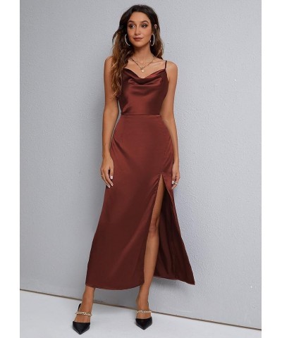 Women's Sexy Spaghetti Straps Backless Maxi Dress Drape Cowl Neck Side Slit Cocktail Party Satin Dresses 72077 Reddish Brown ...