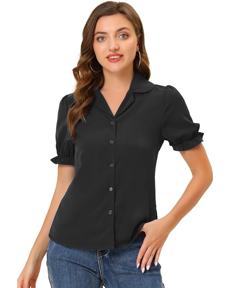 Summer Work Lapel Collar Blouse for Women's Short Sleeves Button Down Shirt Black $12.85 Blouses