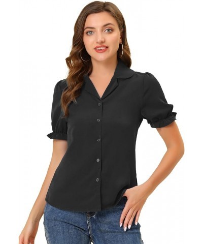 Summer Work Lapel Collar Blouse for Women's Short Sleeves Button Down Shirt Black $12.85 Blouses