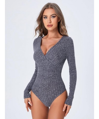 Women's Long Sleeve Bodysuit Tops Wrap V Neck Ribbed Knit Jumpsuit Navy Blue $14.83 Bodysuits