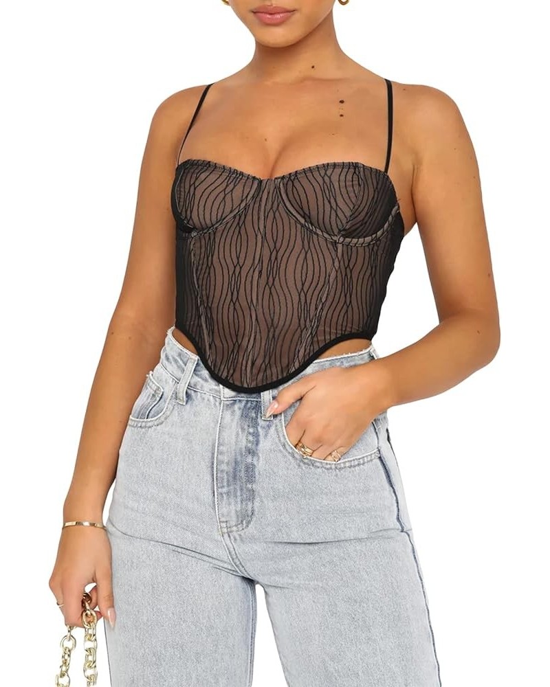 Women Sexy Lace Patchwork Crop Top Spaghetti Strap Push Up Bustier Tank Top Backless Summer Aesthetic Cami Top V Neck Black $...