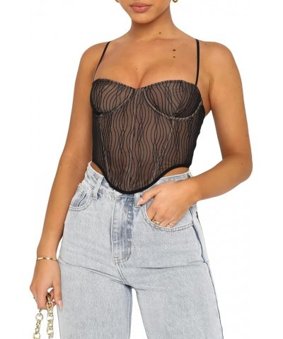 Women Sexy Lace Patchwork Crop Top Spaghetti Strap Push Up Bustier Tank Top Backless Summer Aesthetic Cami Top V Neck Black $...