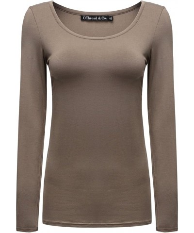 Women's Long Sleeve T-Shirt Scoop Neck Basic Layer Stretchy Shirts Coffee $12.11 Tops