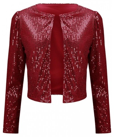 Womens Cropped Sequin Jackets Long Sleeve Casual Party Blazer Jacket Open Front Cardigan Fashion Bomber Sparkly Coats Red $15...