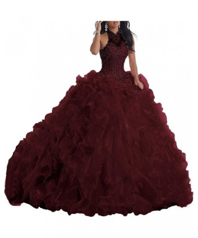 Women Halter Beaded Organza Ruffles Quinceanera Dresses for Sweet 16 Ball Gowns Burgundy $62.61 Dresses